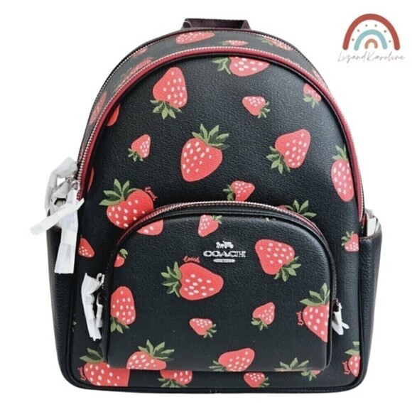 New! Coach Court Backpack Wild Strawberry Print Pebbled Leather Bag - Picture 5 of 15